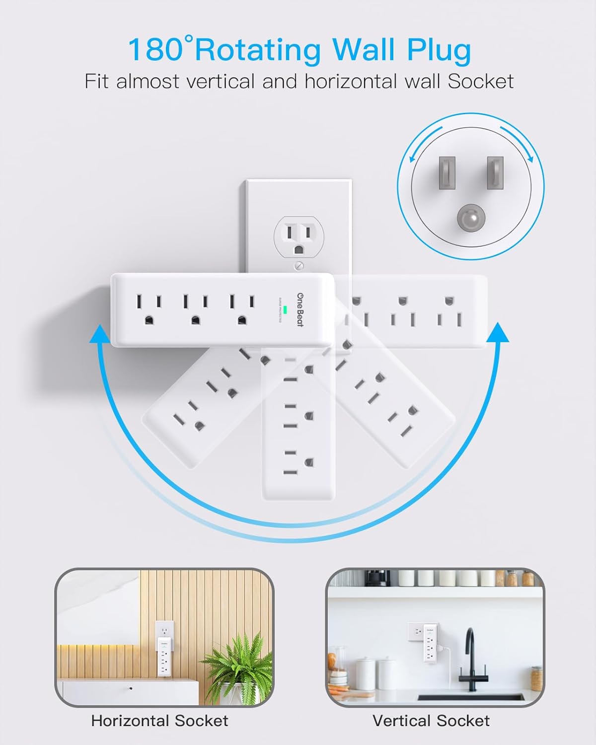 Outlet Extender with Rotating Plug, 9 AC Multi Plug Wall Outlet Expander, 1800J Wall Charger, 3-Sided Power Strip