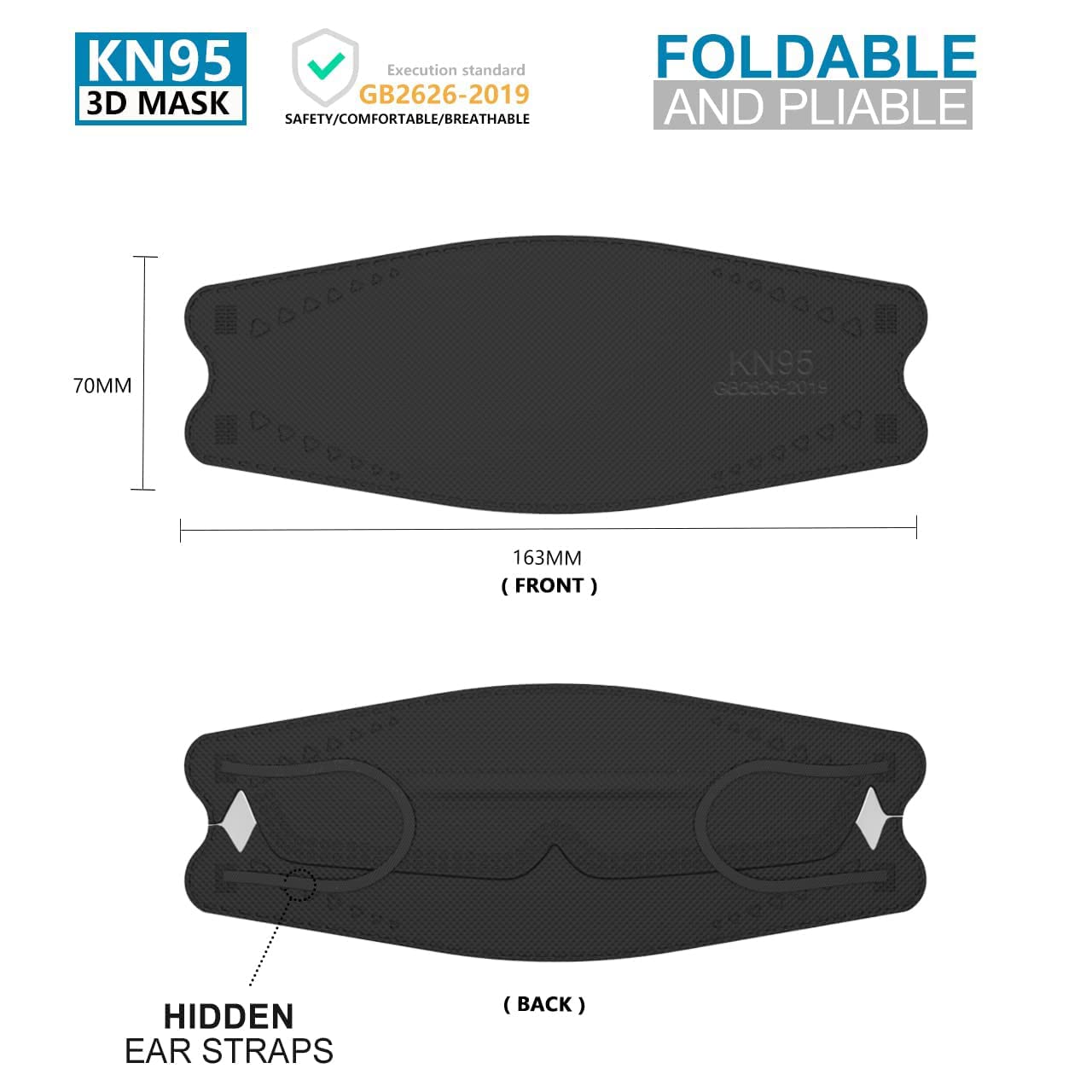 Face Masks 50 Pack Breathable Comfortable and Disposable KN95 Mask, Black