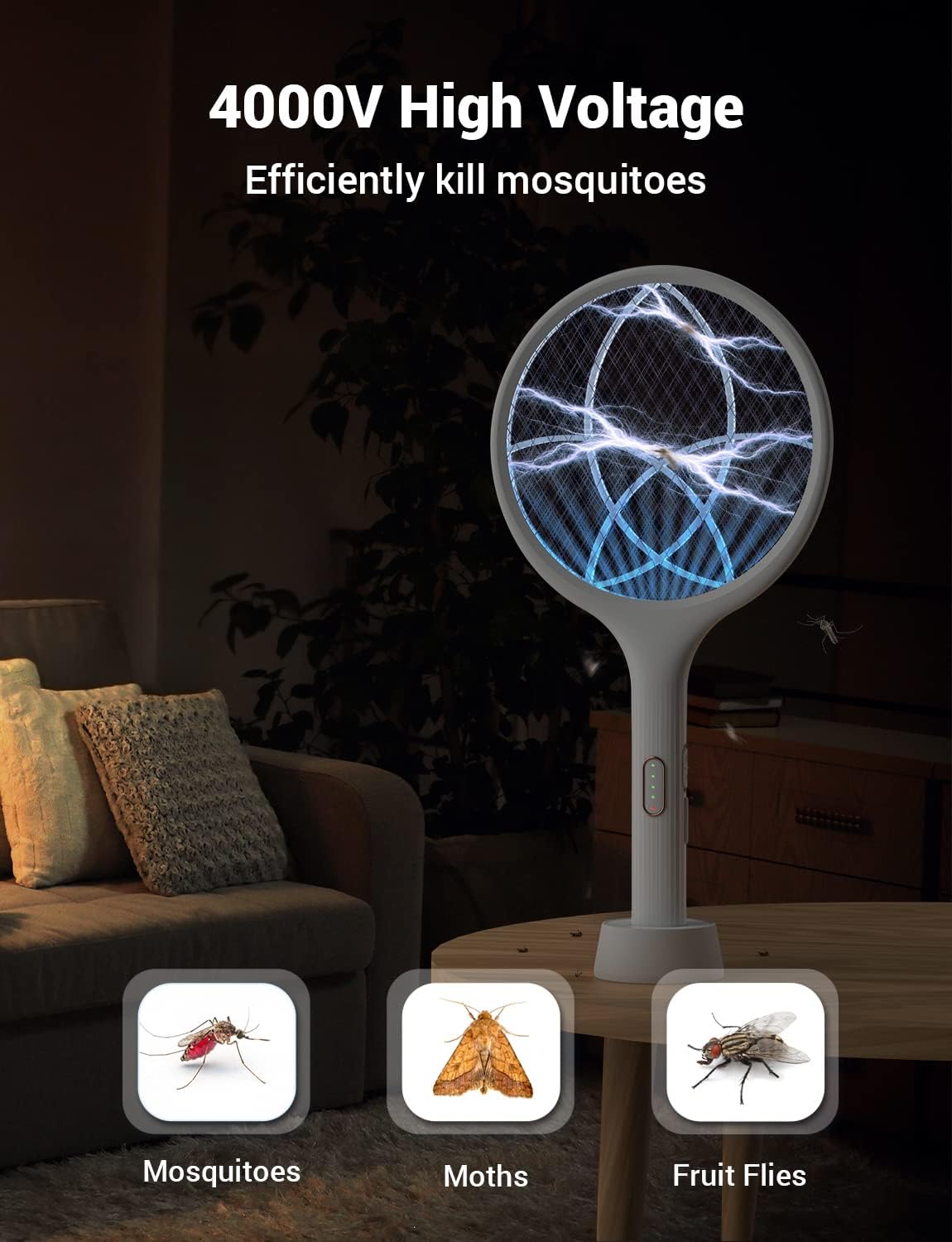 4000V Bug Zapper Racket Dual Modes Mosquito Killer with Purple Mosquito Light Rechargeable