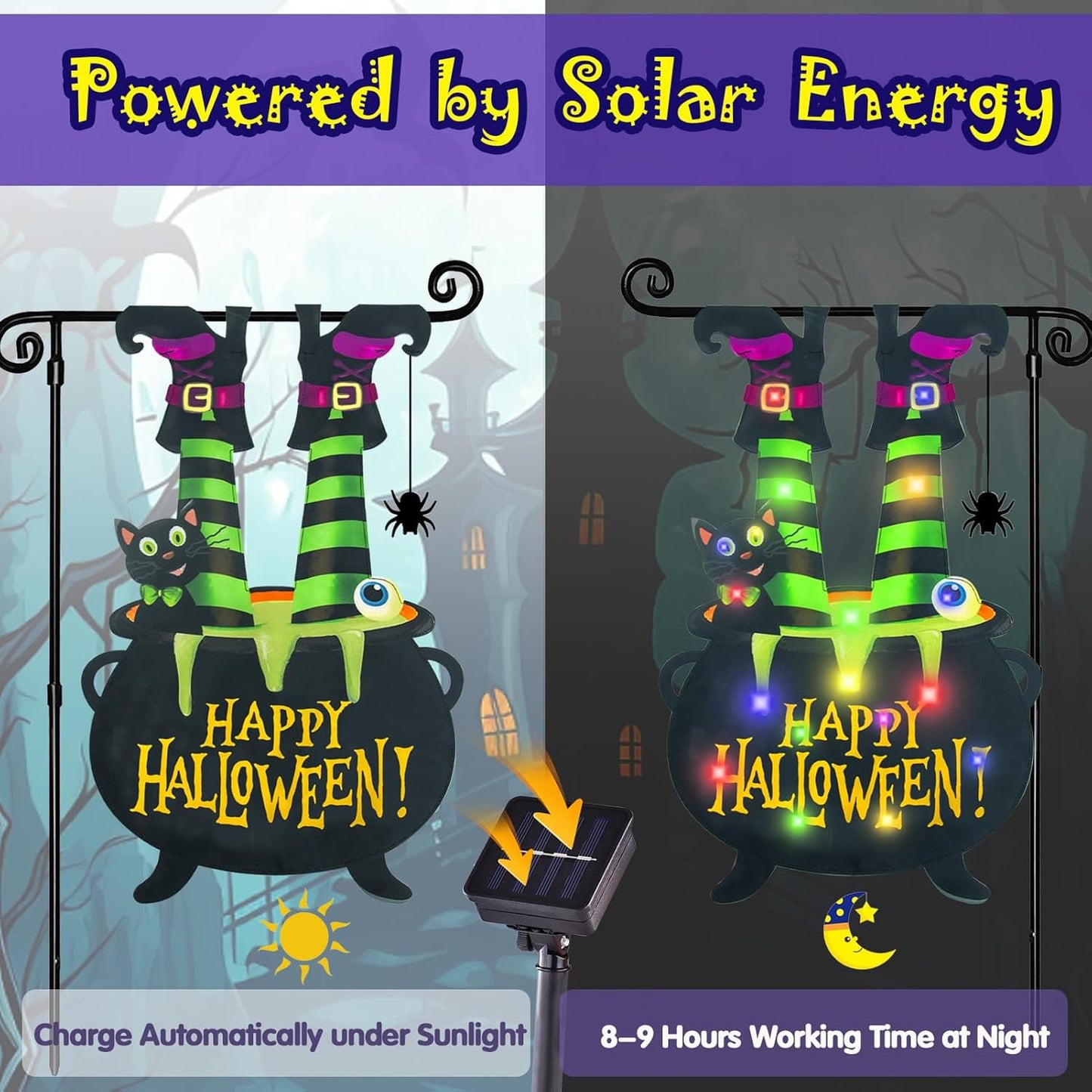 Garden Flag for Outside Led Solar Yard Flag 8 Modes Witch Feet Shape Flag 12x18 Double Sided