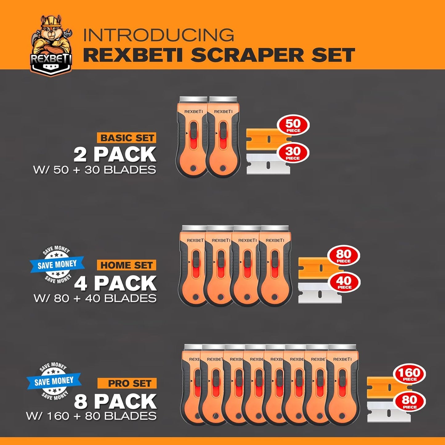 2 Pack Razor Scraper Set with Extra 80Pcs Razor Blades 30Pcs Metal and 50Pcs Plastic Blades