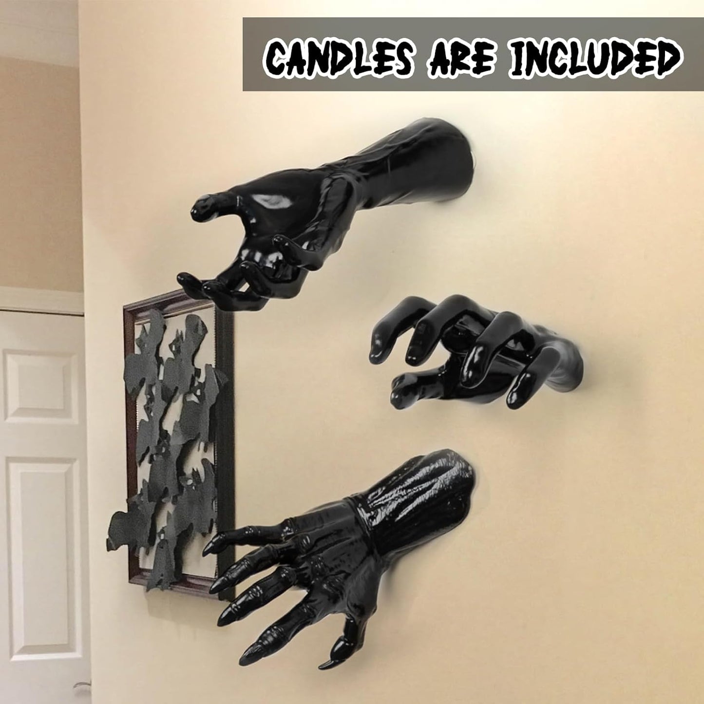 Pack of 3 Wall Mounted Creepy Reaching Hands with Lighted Candles, Life-Sized Horror Hands
