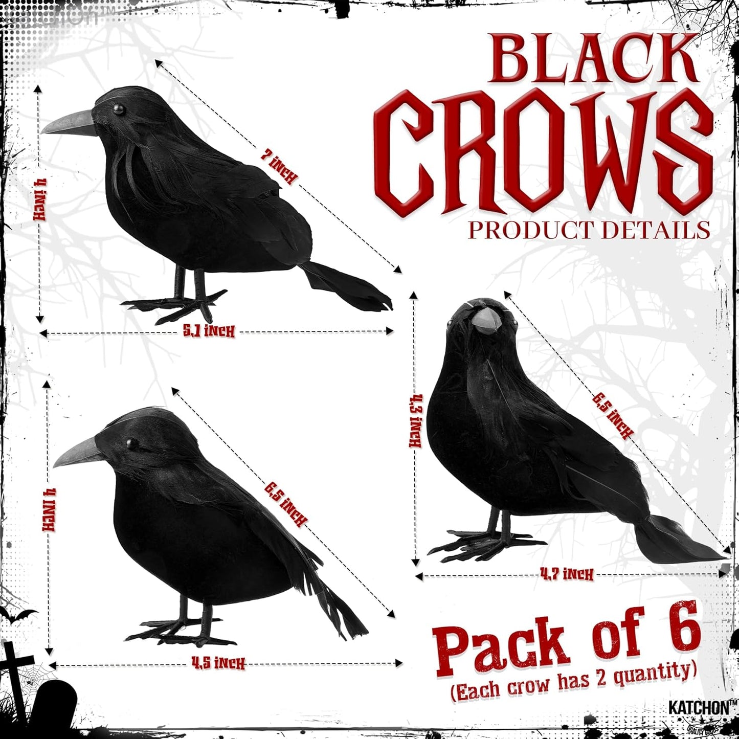 Pack of 7 72x30 Inch Black Spooky Cloth Realistic Black Feathered Crows Scary Decor and Raven Decorations