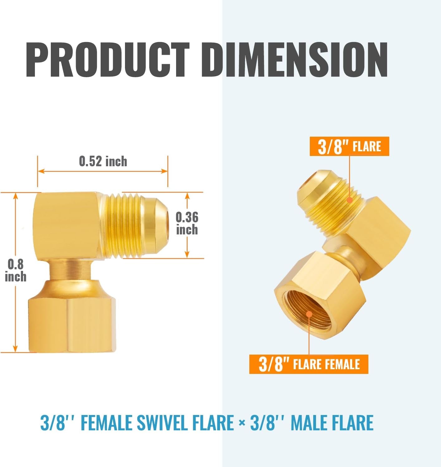 3/8" Brass 90° Elbow Flare Fittings – Female Swivel x Male Flare Adapter for Propane & Low Pressure Gas Heaters (2-Pack)