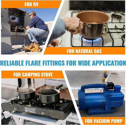 3/8" Brass 90° Elbow Flare Fittings – Female Swivel x Male Flare Adapter for Propane & Low Pressure Gas Heaters (2-Pack)