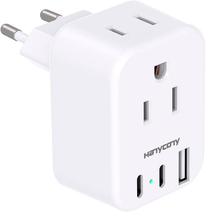 International Plug Adapter US to Europe Adapter Plug 2 Outlets 3 USB Ports(2 C Port) Type C Power Adapter