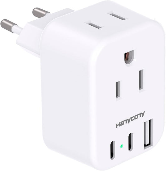 International Plug Adapter US to Europe Adapter Plug 2 Outlets 3 USB Ports(2 C Port) Type C Power Adapter