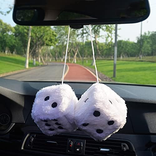 Pair of 3” White Dice with Black Dots for Car Interior Hanging Ornament Decoration