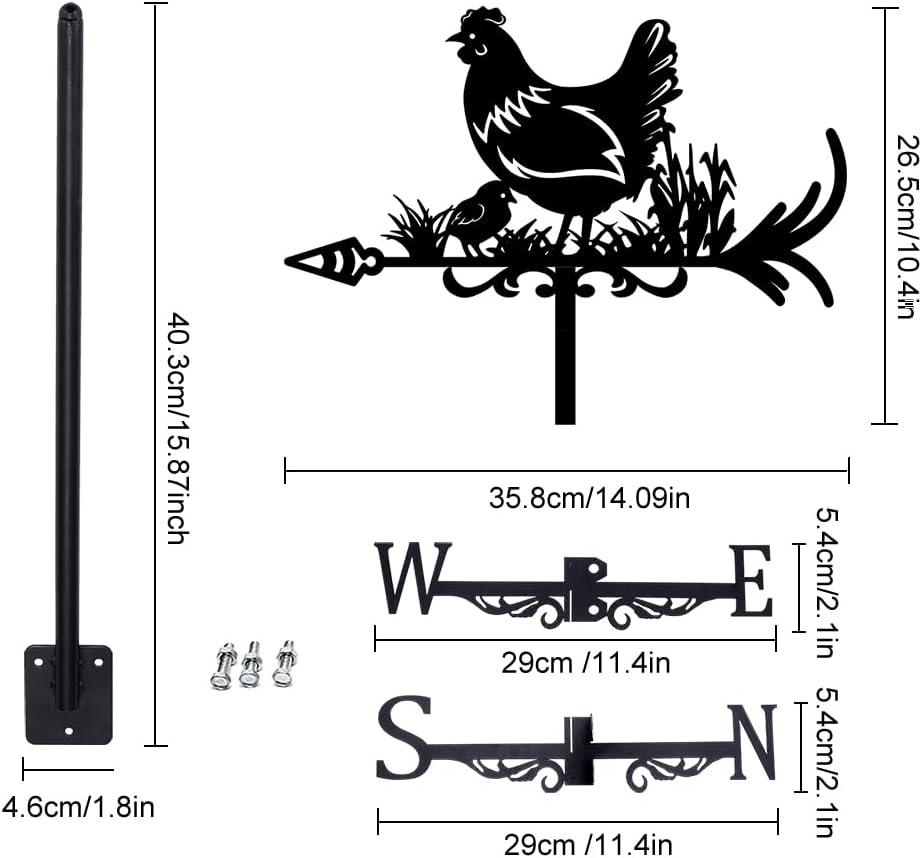 Chicken Wind Vanes for Yard Animals Metal Weathervane Roof Mount for Gardens Outside Black Weathervanes Farmhouse