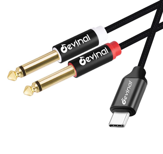 1/4" inch Audio Cable Type C to Dual 6.35mm TRS Stereo Aux Cord Y Splitter for Smartphone, Tablet
