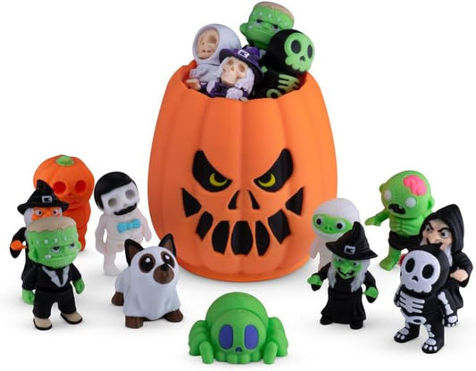 10 Articulated Ghoulish Figures with Pumpkin Container Random Figures and Mystery Removeable