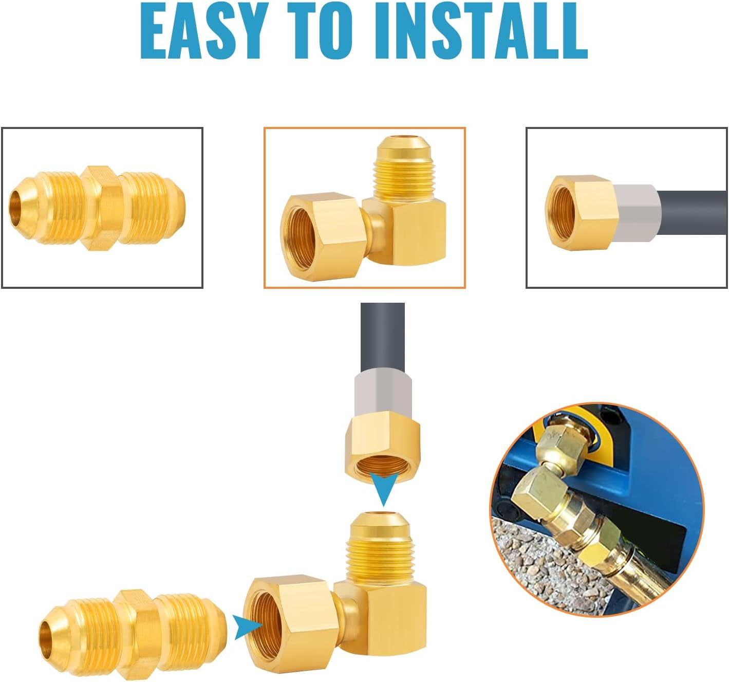 3/8" Brass 90° Elbow Flare Fittings – Female Swivel x Male Flare Adapter for Propane & Low Pressure Gas Heaters (2-Pack)