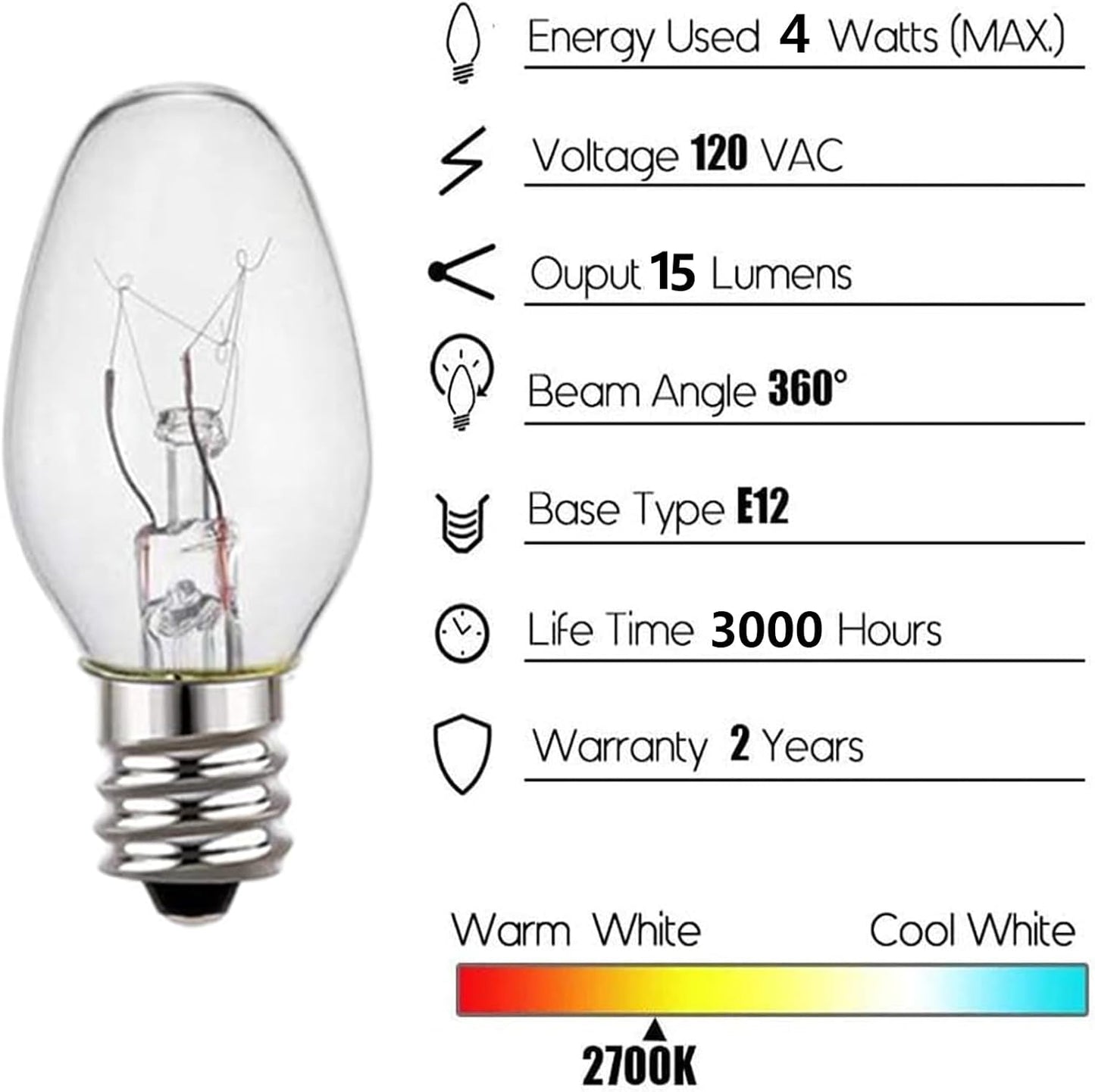 4 Watt E12 Candelabra Base 15 Lumens Small Light Bulb Night Light Replacement Bulbs
