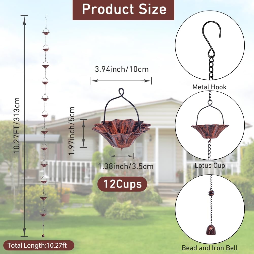 Rain Chains for Gutters with 12 Cups, Adjustable Rain Catcher Chain with Bell for Eaves Drainage