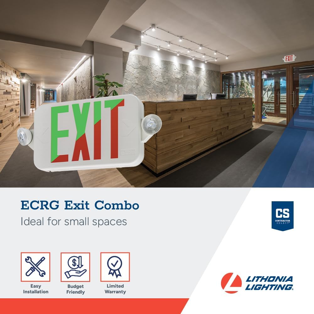 Basics LED Exit Sign/Emergency Light Combo, Red/Green Switchable Exit Sign and Emergency Lights for Business