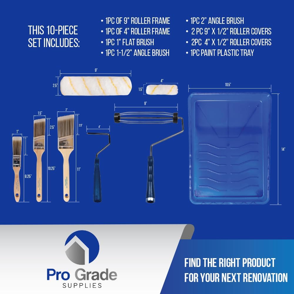 Paint Roller Kit Brush & Roller 10 Piece Set Wall Painting Naps for Professionals & Homeowners