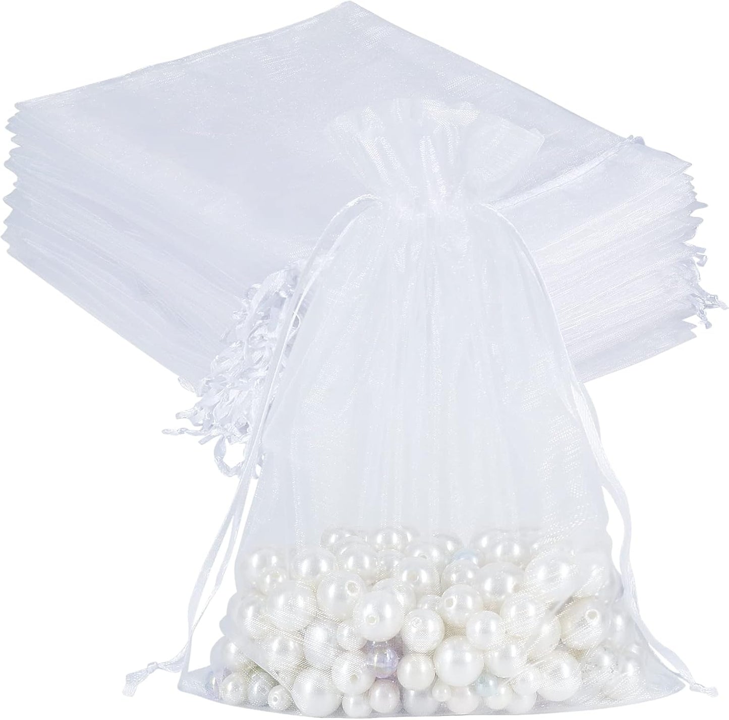 100pcs Sheer Organza Bags White, 6 x 9 inches Christmas Wedding Shower Party Favors Gift Drawstring Bags