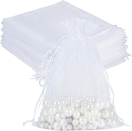 100pcs Sheer Organza Bags White, 6 x 9 inches Christmas Wedding Shower Party Favors Gift Drawstring Bags