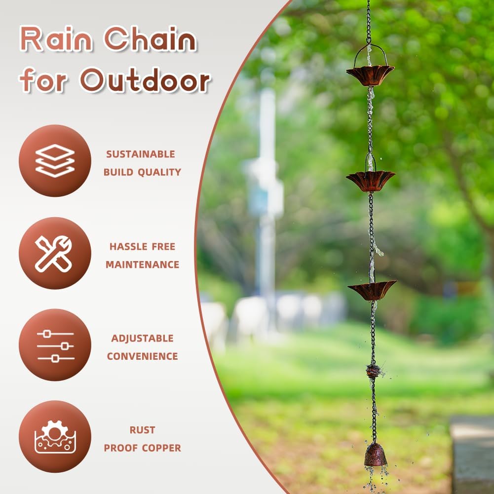 Rain Chains for Gutters with 12 Cups, Adjustable Rain Catcher Chain with Bell for Eaves Drainage