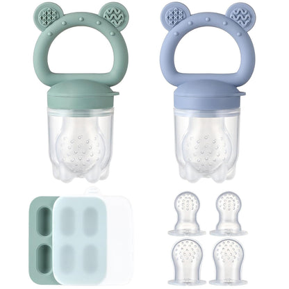 2 Pack Silicone Baby Fruit Feeder with Mini Freezer Tray Breastmilk Popsicle Molds for Baby Teething Relief