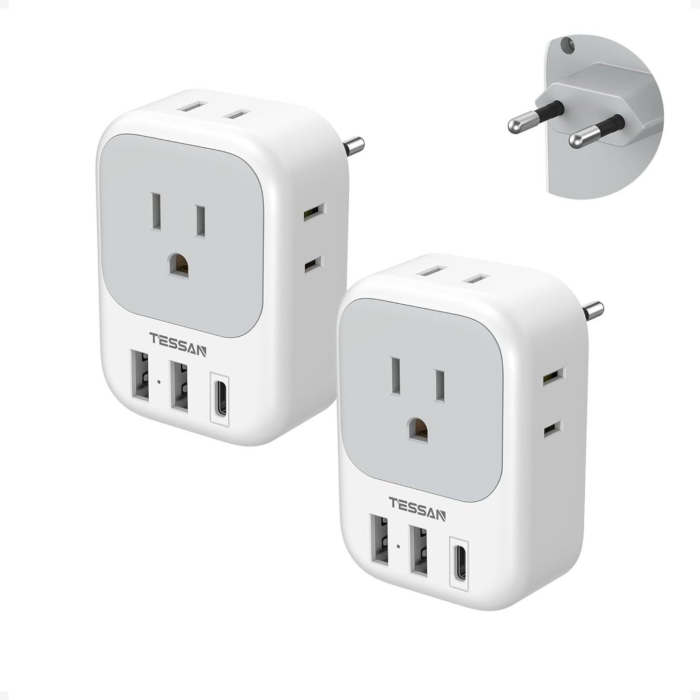 2 Pack European Plug Adapter USB C TESSAN US to Europe Adapter 4 Outlets 3 USB Charger Type C International Power Adaptor
