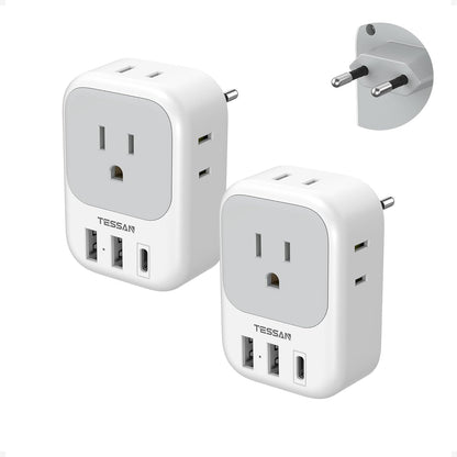2 Pack European Plug Adapter USB C TESSAN US to Europe Adapter 4 Outlets 3 USB Charger Type C International Power Adaptor