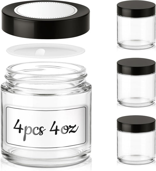4 Pack Clear Small Glass Jars with Black Lids Leakproof Round Airtight Empty Cosmetic Travel Containers with Inner Liners