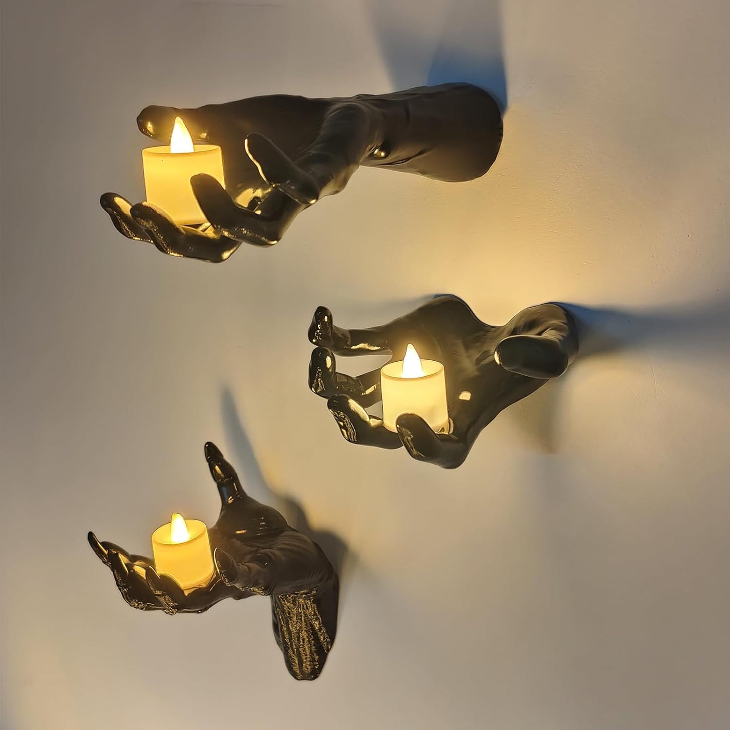 Pack of 3 Wall Mounted Creepy Reaching Hands with Lighted Candles, Life-Sized Horror Hands