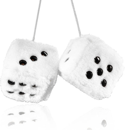 Pair of 3” White Dice with Black Dots for Car Interior Hanging Ornament Decoration