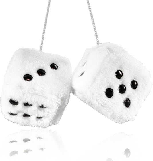 Pair of 3” White Dice with Black Dots for Car Interior Hanging Ornament Decoration