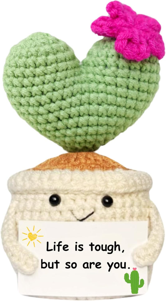 Handmade Crochet Cactus – Plush Plant Gift with Encouragement Card for Desk Decor