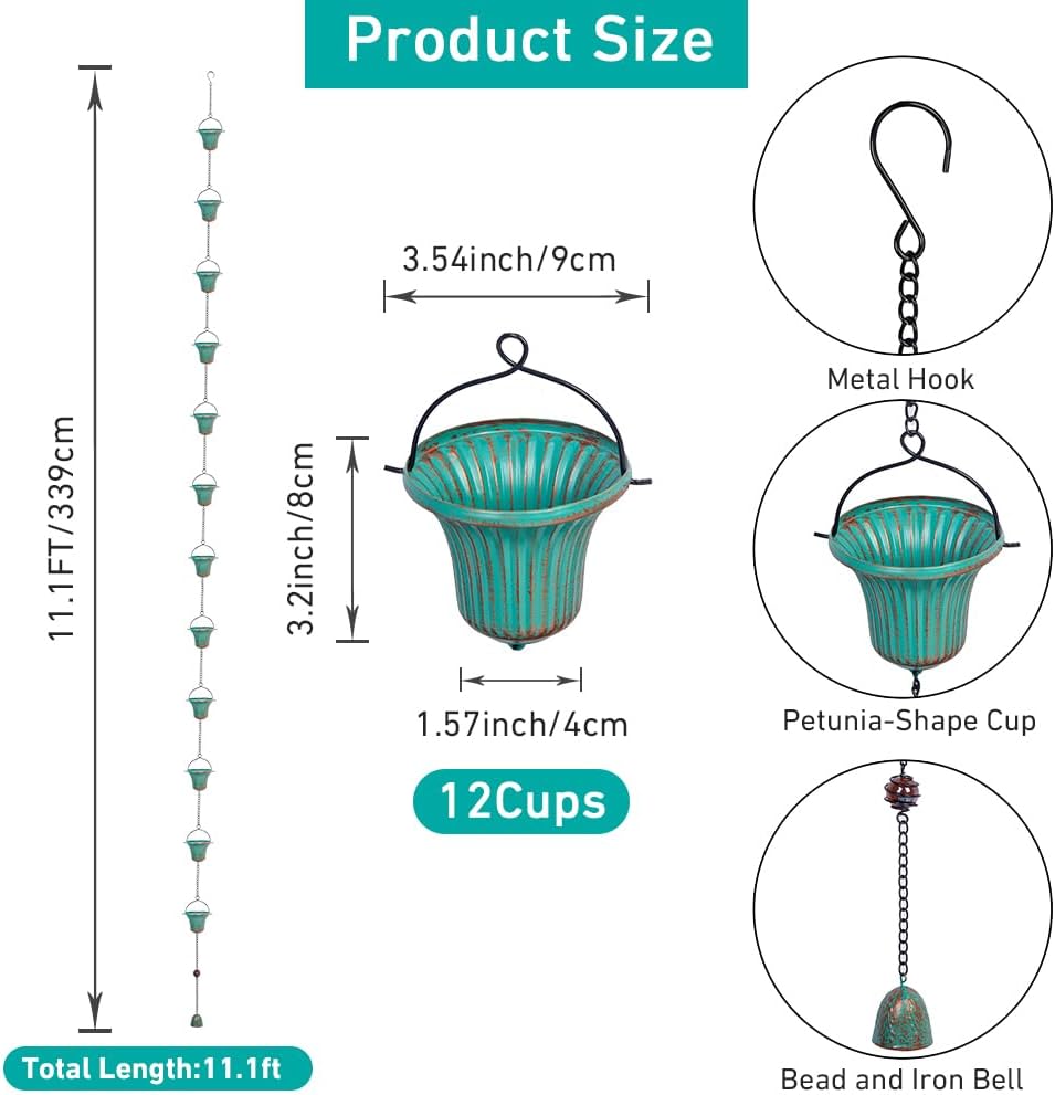 12 Cups Rain Catcher Chain Replacement Downspout for Gutters Adjustable Length