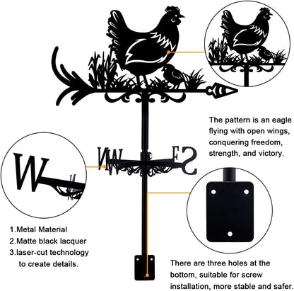 Chicken Wind Vanes for Yard Animals Metal Weathervane Roof Mount for Gardens Outside Black Weathervanes Farmhouse