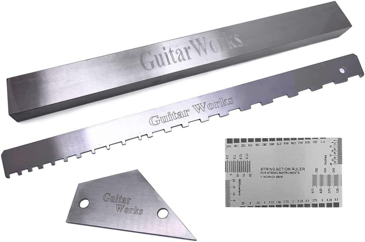 4 Pieces Guitar Luthier Tools Set Unilateral Notched Guitar Neck Straight Edge String Action Gauge Ruler Fret Rocker Fret Leveling Beam Set up Tool for Guitar Fretboard and Frets
