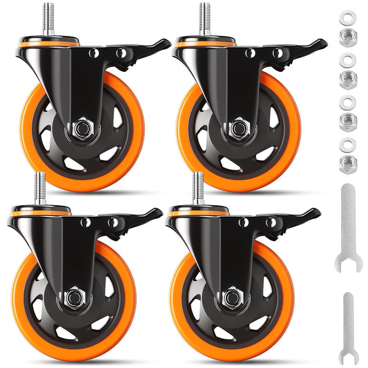Threaded Stem Casters Set of 4 Heavy Duty 1/2"-13 x 1 (Screw Diameter 1/2" Stem Length 1") Safety Dual Locking Industrial Castors