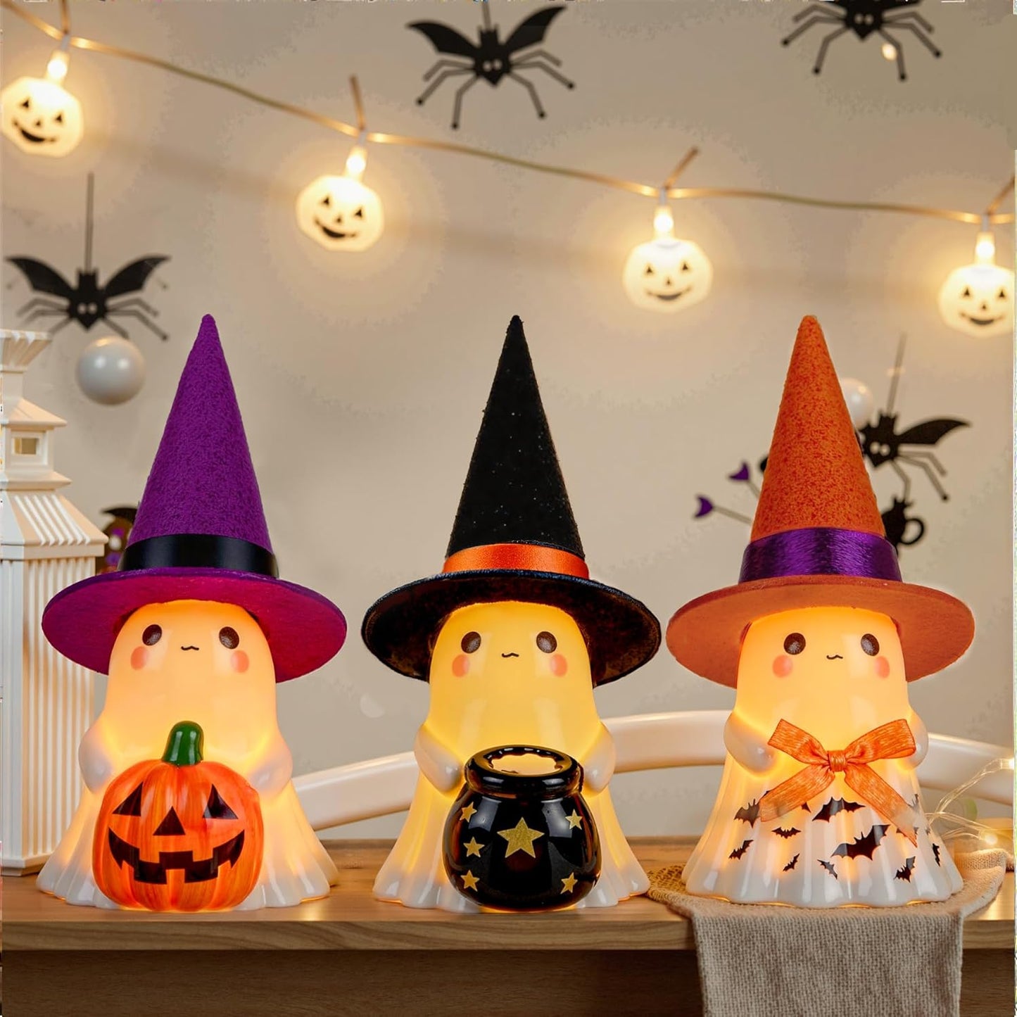 3Pcs Cute Spooky Ceramic Ghost Halloween Decorations Ghost Figurines with Hats