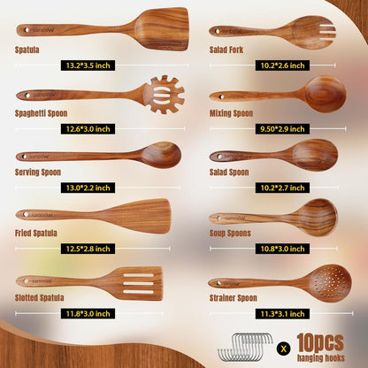 10PCS Teak Wood Cookware Utensil Set with Hooks Smooth Finish Non-Stick Comfortable Grip