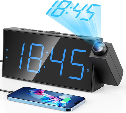 Alarm Clocks for Bedrooms  Large LED Display 180° Rotatable Projector 5-Level Dimmer,USB Charger