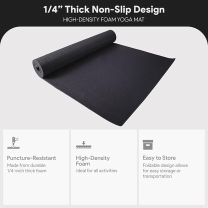 1/4 Inch High Density Anti Tear Exercise Yoga Mat with Carrying Strap Black Color