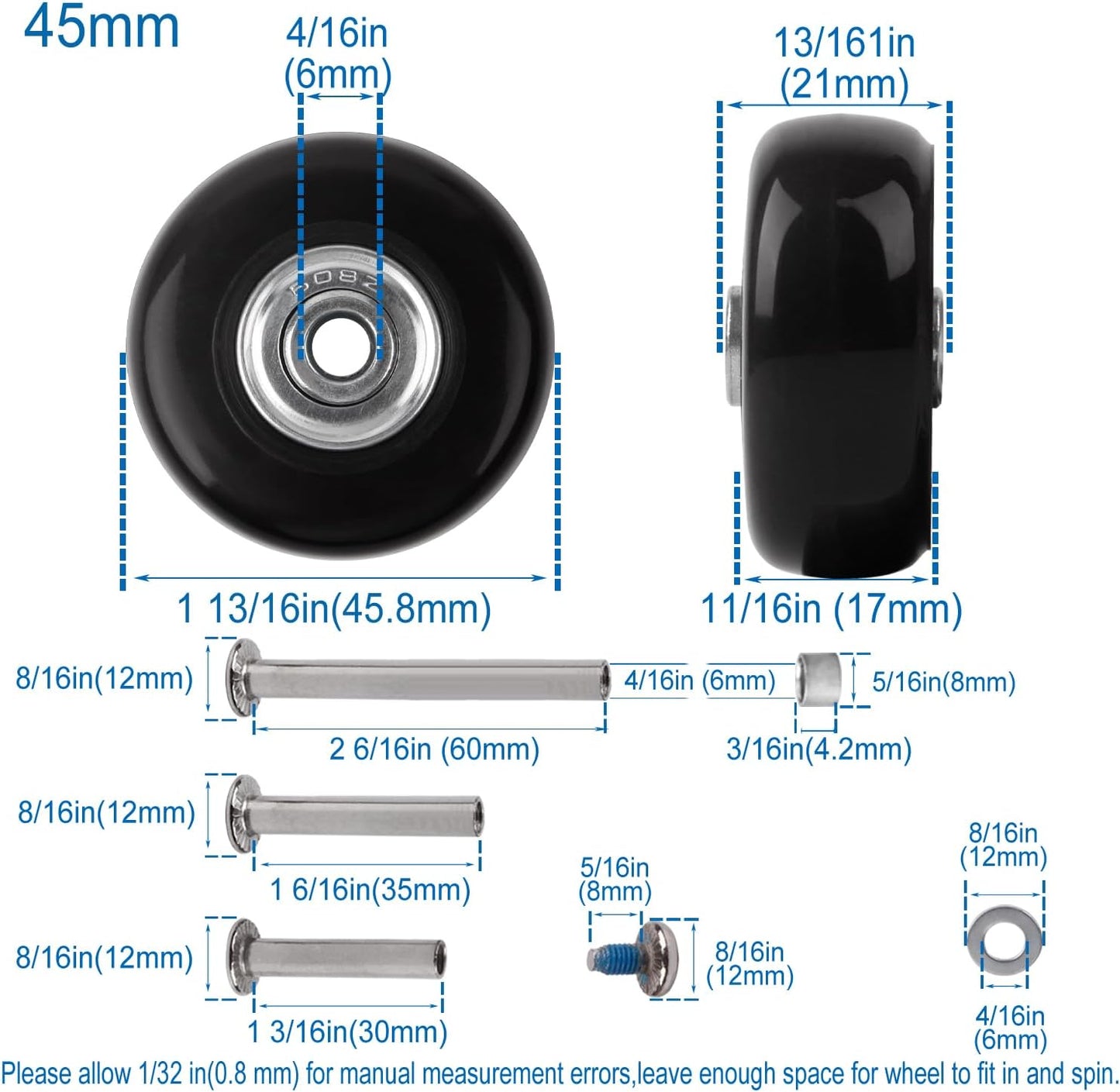 Luggage 45mm x 18mm Set of 4 Luggage Suitcase Replacement Wheels, Rubber Swivel Caster Wheels
