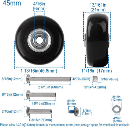 Luggage 45mm x 18mm Set of 4 Luggage Suitcase Replacement Wheels, Rubber Swivel Caster Wheels