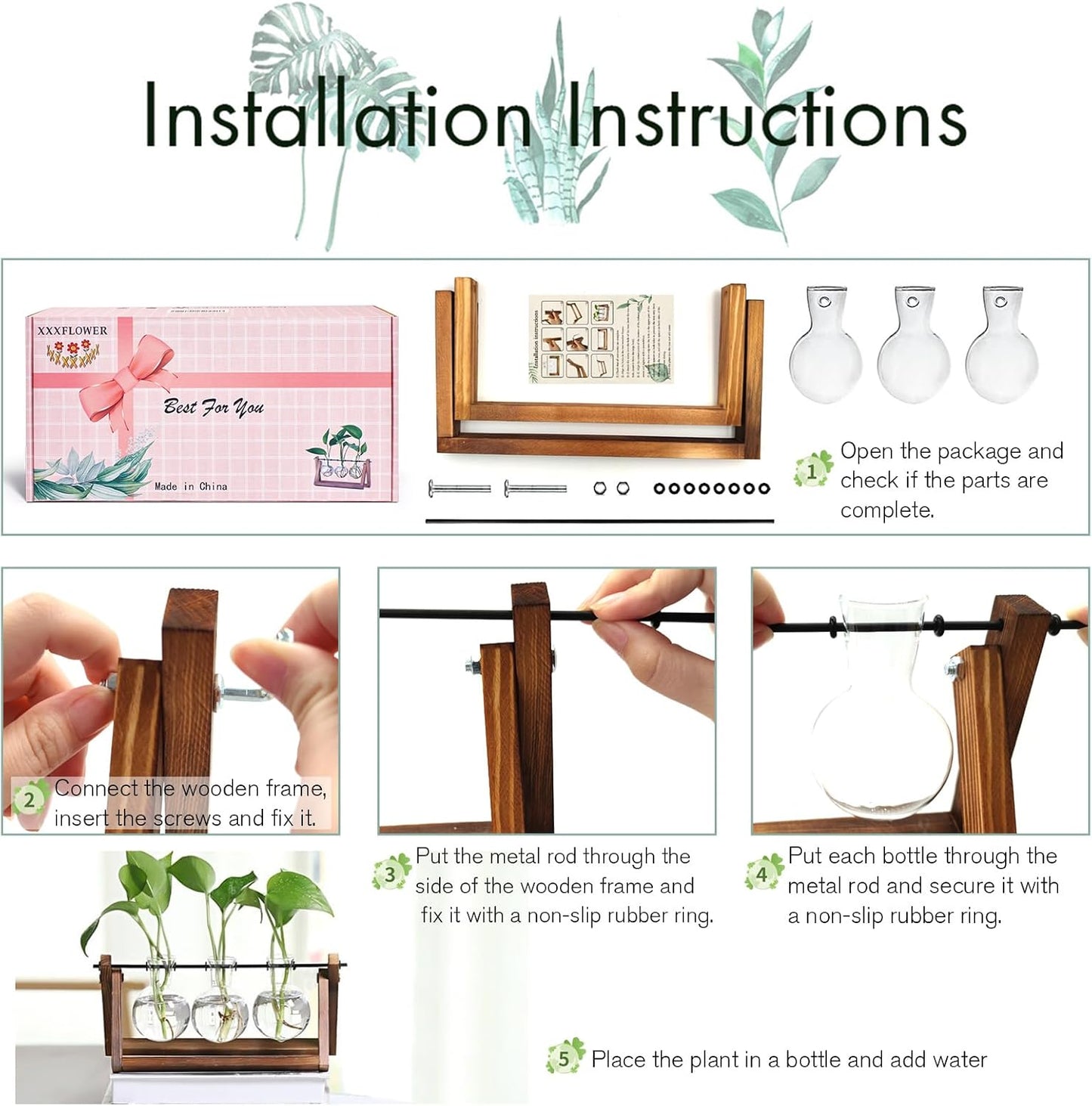 Wooden Stand Air Planter Bulb Glass Vase Metal Swivel Holder Retro Tabletop