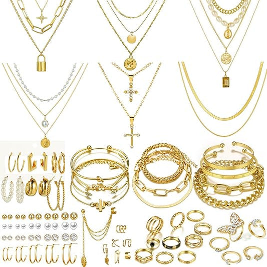 6Pcs Layered Necklace 11 Pcs anklet and 7Pcs Earring Ear Cuff 12Hoop Earrings 15pcs Rings 21 pcs stud earrings Jewerly set