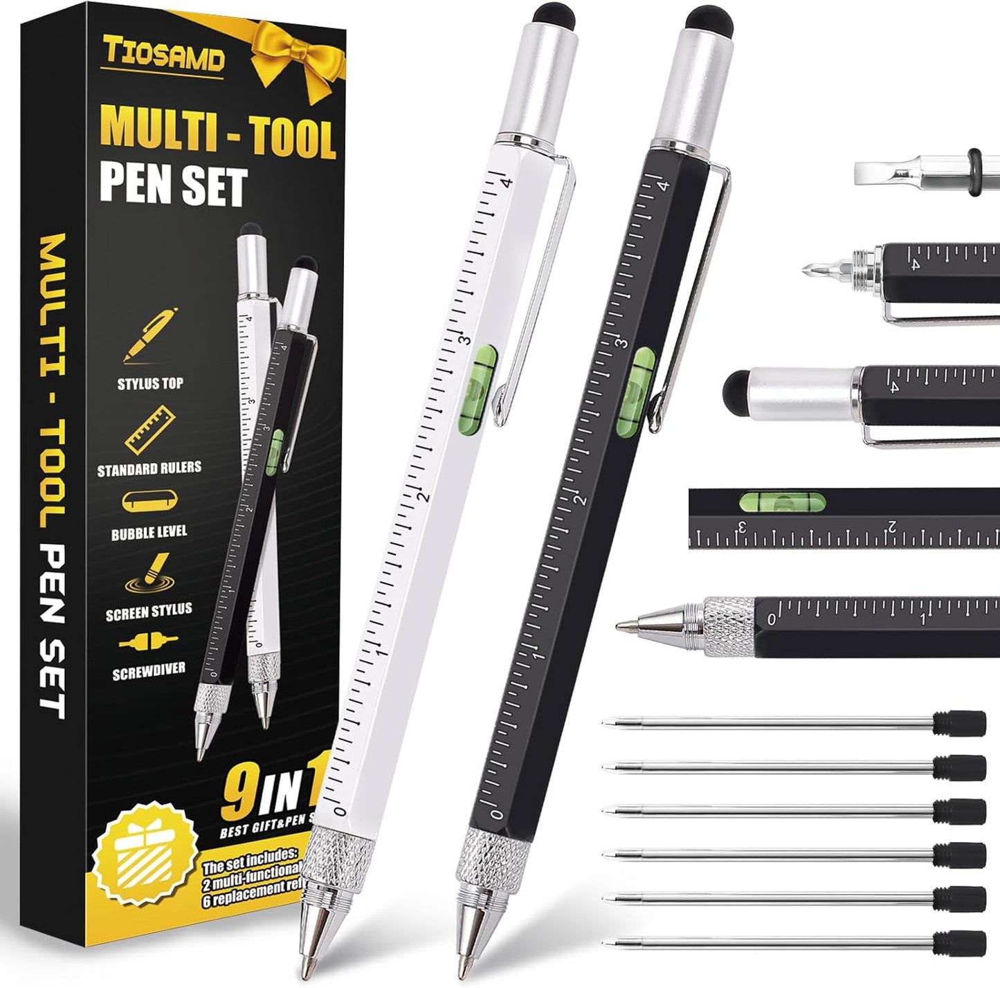 9 in 1 Multitool Pen 2Pcs and Refill 6Pcs Unique Tech Tool Pen from Wife Daughter to Father Boyfriend Husband on Christmas Birthday