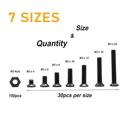 M3 Screws Kit, 360pcs (7 Sizes) M3-0.5mm Black Countersunk Flat Head Phillips Machine Screws and Hex Nuts Kit for 3D Printer Robot