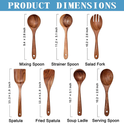 Kitchen Pan Toolset 7 Pieces Set 100% Natural Teak Kitchen Utensils Spatula Wooden Cooking Utensils
