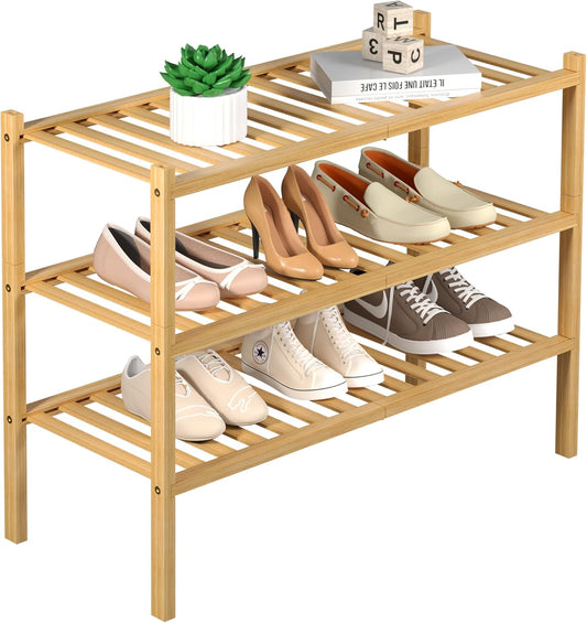 3 Tier Bamboo Shoe Rack for Closet Free Standing Wood Shoe Shelf Storage Organizer
