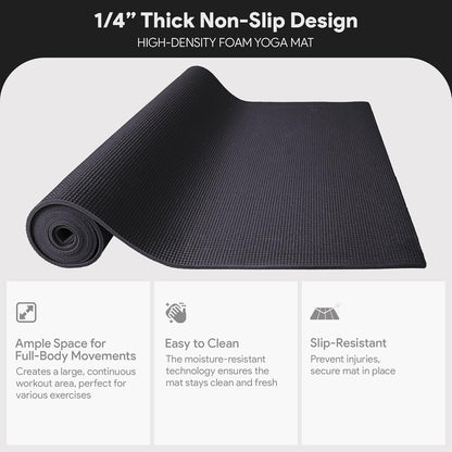 1/4 Inch High Density Anti Tear Exercise Yoga Mat with Carrying Strap Black Color