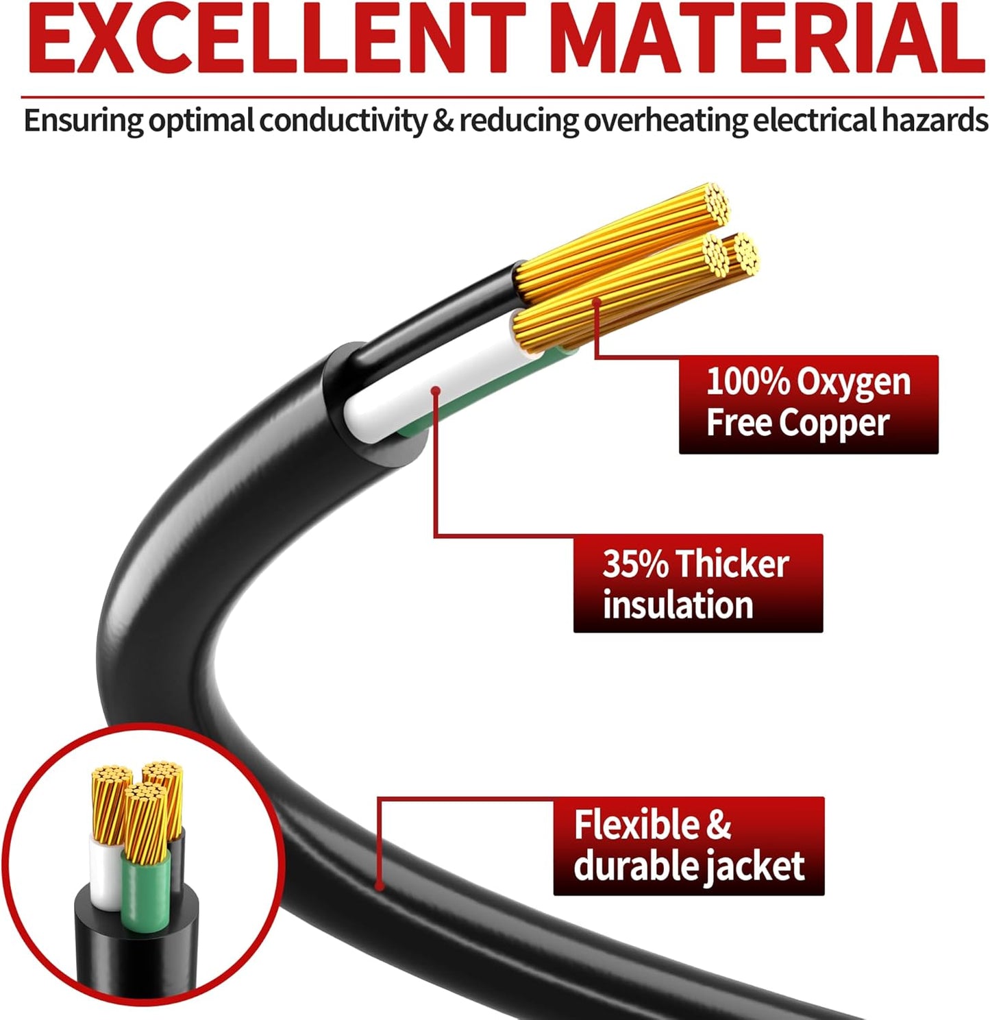 Outdoor Extension Cord Waterproof Weatherproof & Flame Retardant Black 3 Prong Power Cord Outside for Lawn & Garden