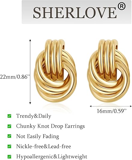 Gold Plated Knot Earrings for Women Chunky Statement Drop Dangle Earrings Lightweight
